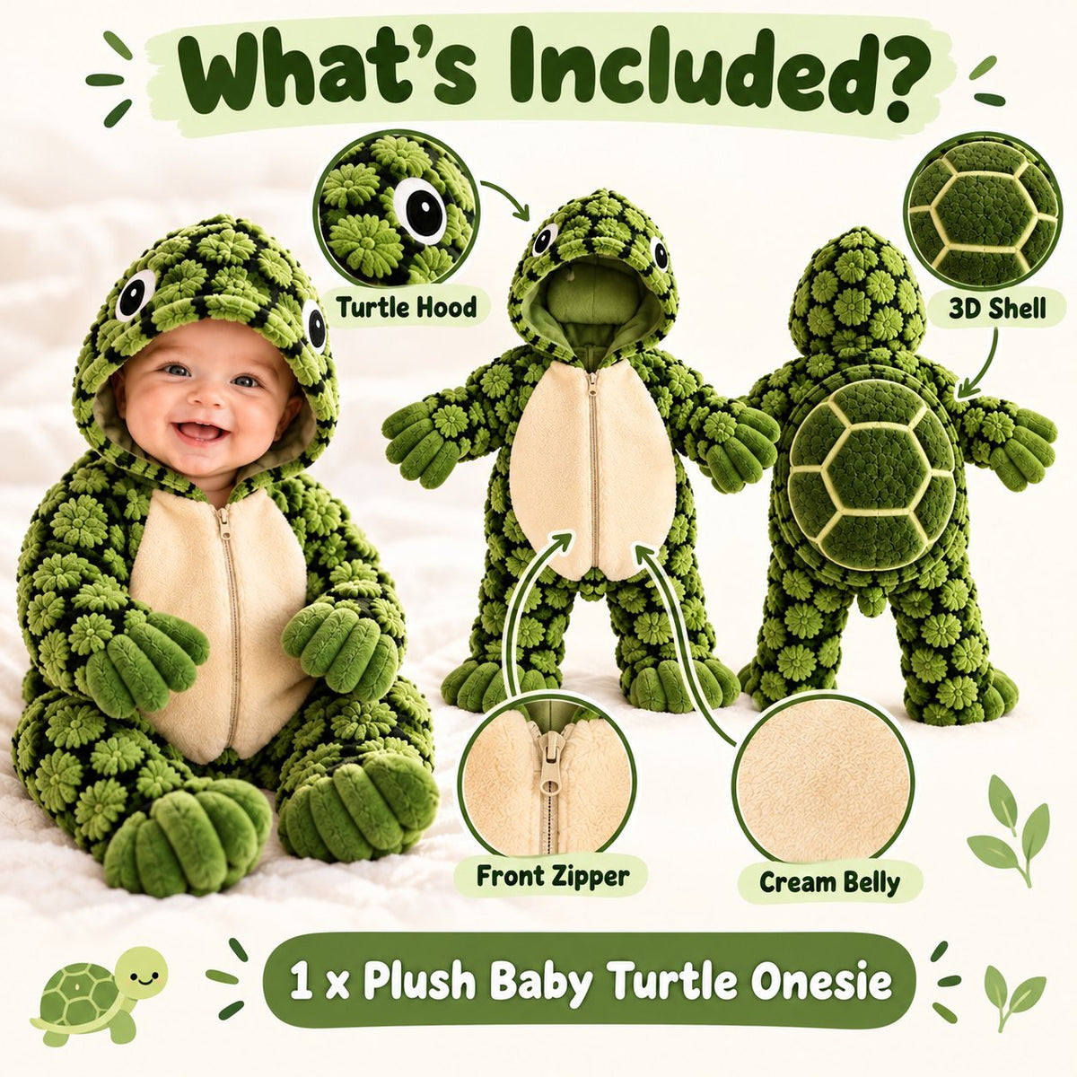 🐢 Little Turtle Plush 3D Shell Baby Onesie – Cute Hooded Cozy Romper