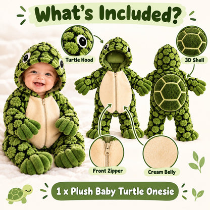 🐢 Little Turtle Plush 3D Shell Baby Onesie – Cute Hooded Cozy Romper