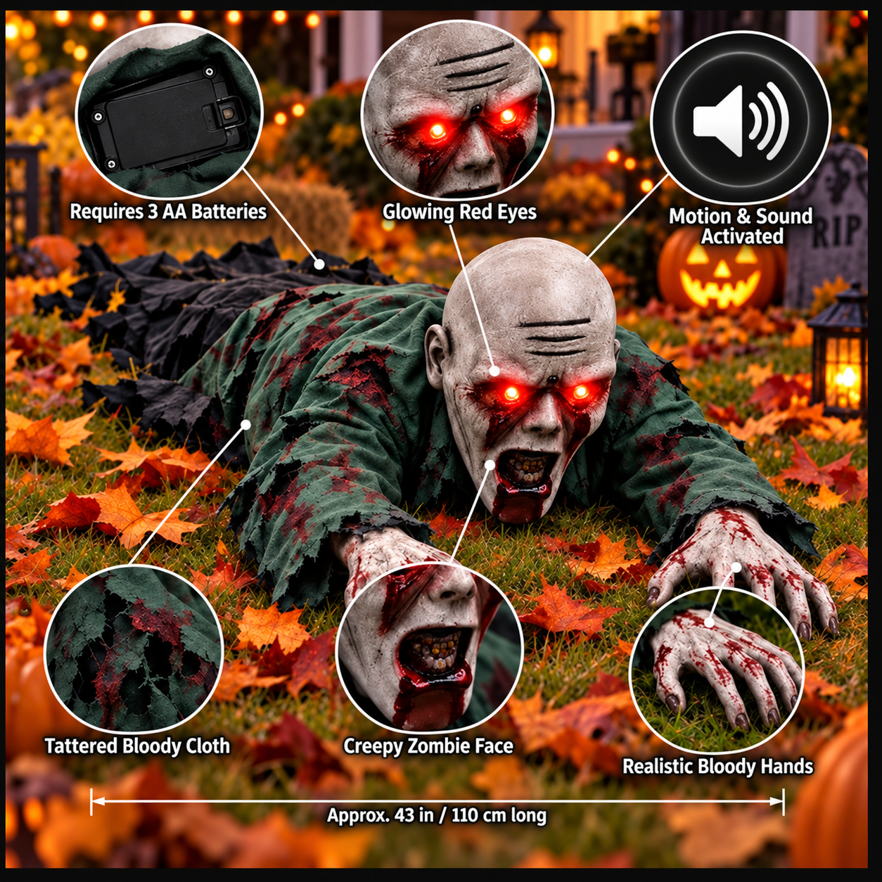 🔥 Crawling Zombie™ Halloween Porch Prop – Glowing Red Eyes & Realistic Horror Decor