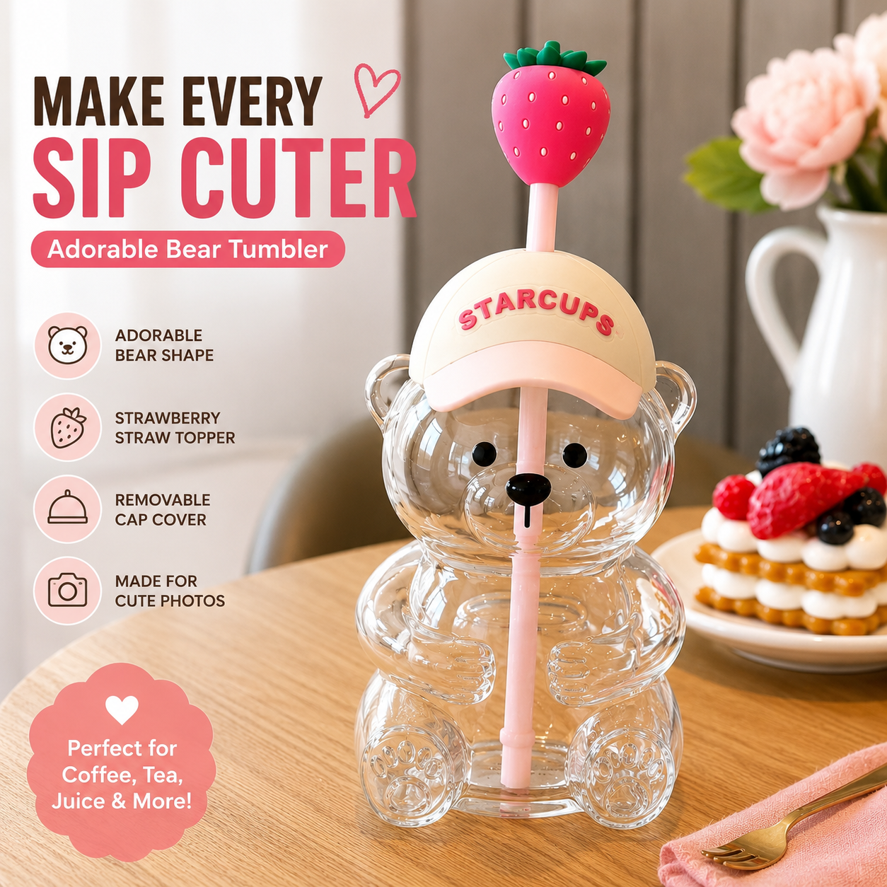 🧸2026 New Cute Beaar Glass Tumbler with Bear Lid & Strawberry Straw✨
