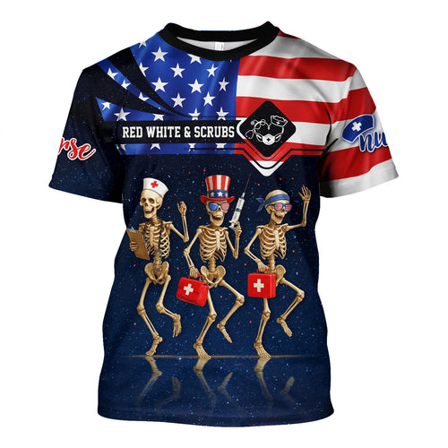 Funny Nurse Skeleton 4th of July Shirt – Patriotic Scrub Life Tee for RN CNA LPN
