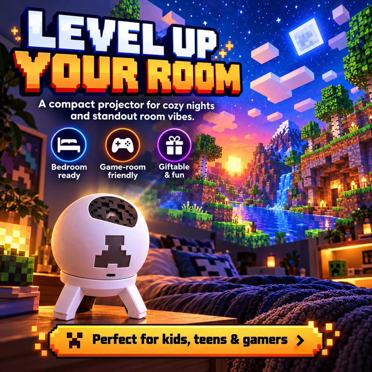 🎮 Pixel Block World Room Projector – USB-Powered Bedroom & Gaming Atmosphere Light
