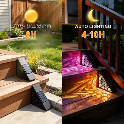 Solar outdoor step lights, IP65 waterproof LED deck/stair lights, color-changing gradient lighting, automatic dusk-to-dawn warm white light, solar-powered.