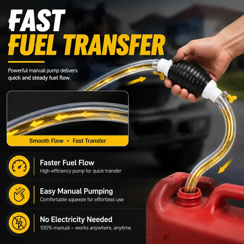 Manual Siphon Pump Kit | Fast Fuel, Water & Oil Transfer Pump with 1M Hose & Hose Clamps for Cars, Boats & Emergency Use