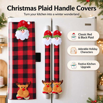 Plush Christmas Refrigerator Door Handle Covers - Red and Black Plaid Wraps🎄