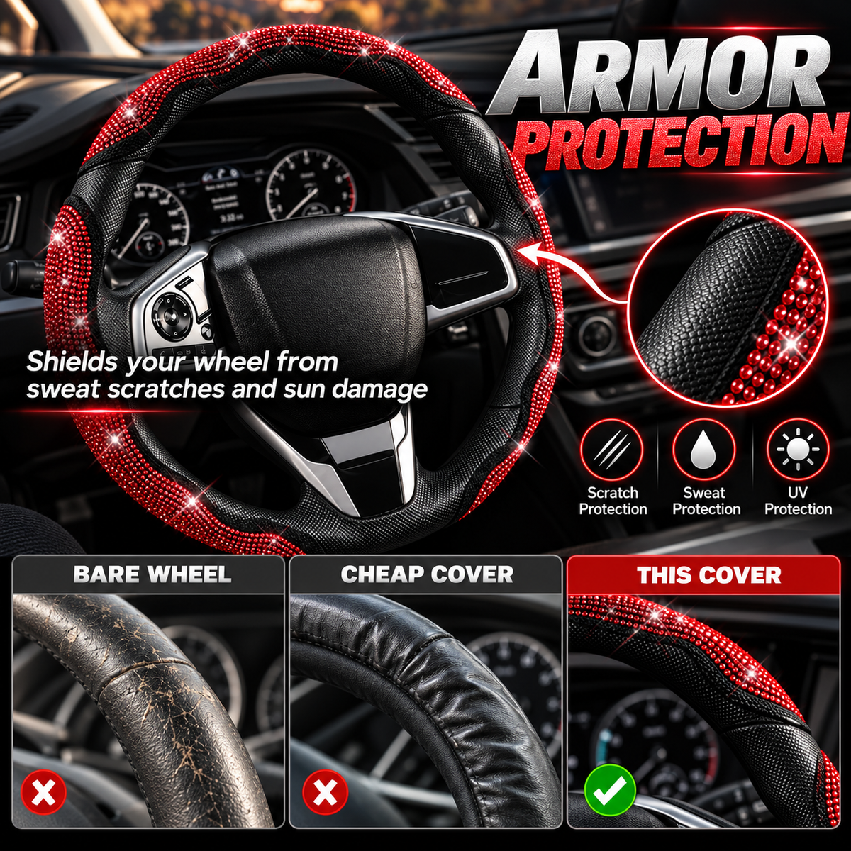 💎 Sparkly Crystal Carbon Fiber Steering Wheel Protection Set 🏎️