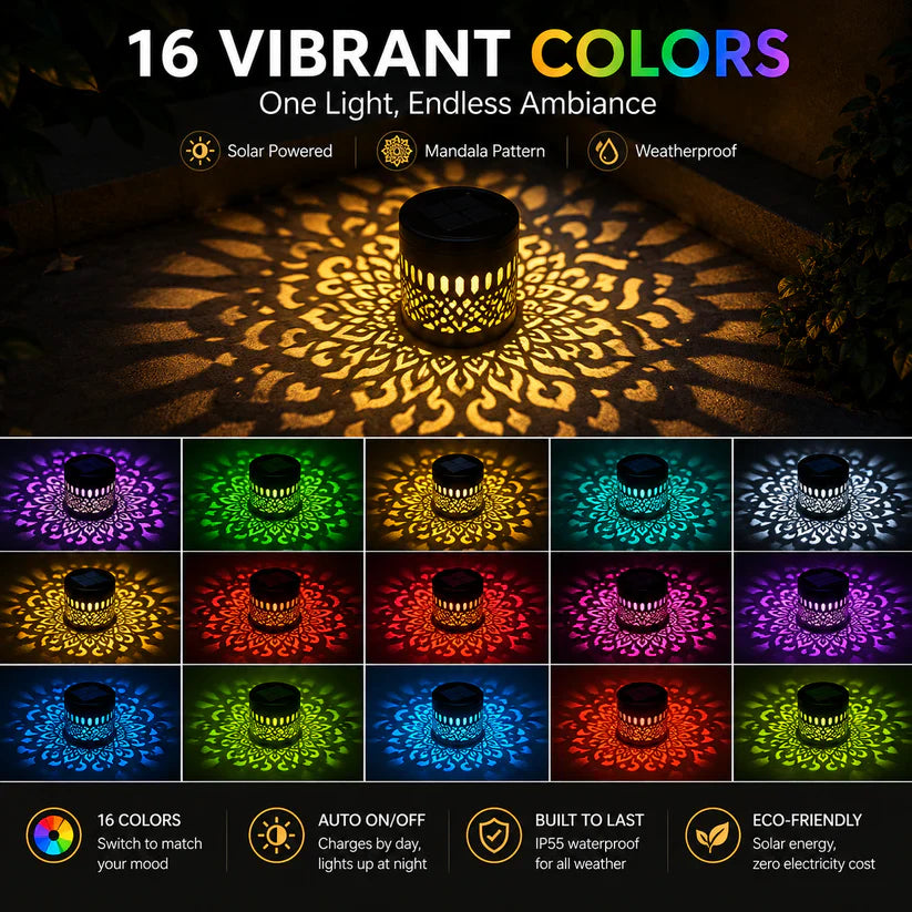 Solar Mandala Wall Light Projector, 16 Color Changing Outdoor Solar Light, Waterproof LED Decorative Light for Patio, Fence, Garden Yard