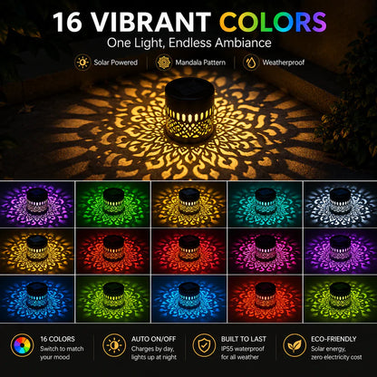 Solar Mandala Wall Light Projector, 16 Color Changing Outdoor Solar Light, Waterproof LED Decorative Light for Patio, Fence, Garden Yard