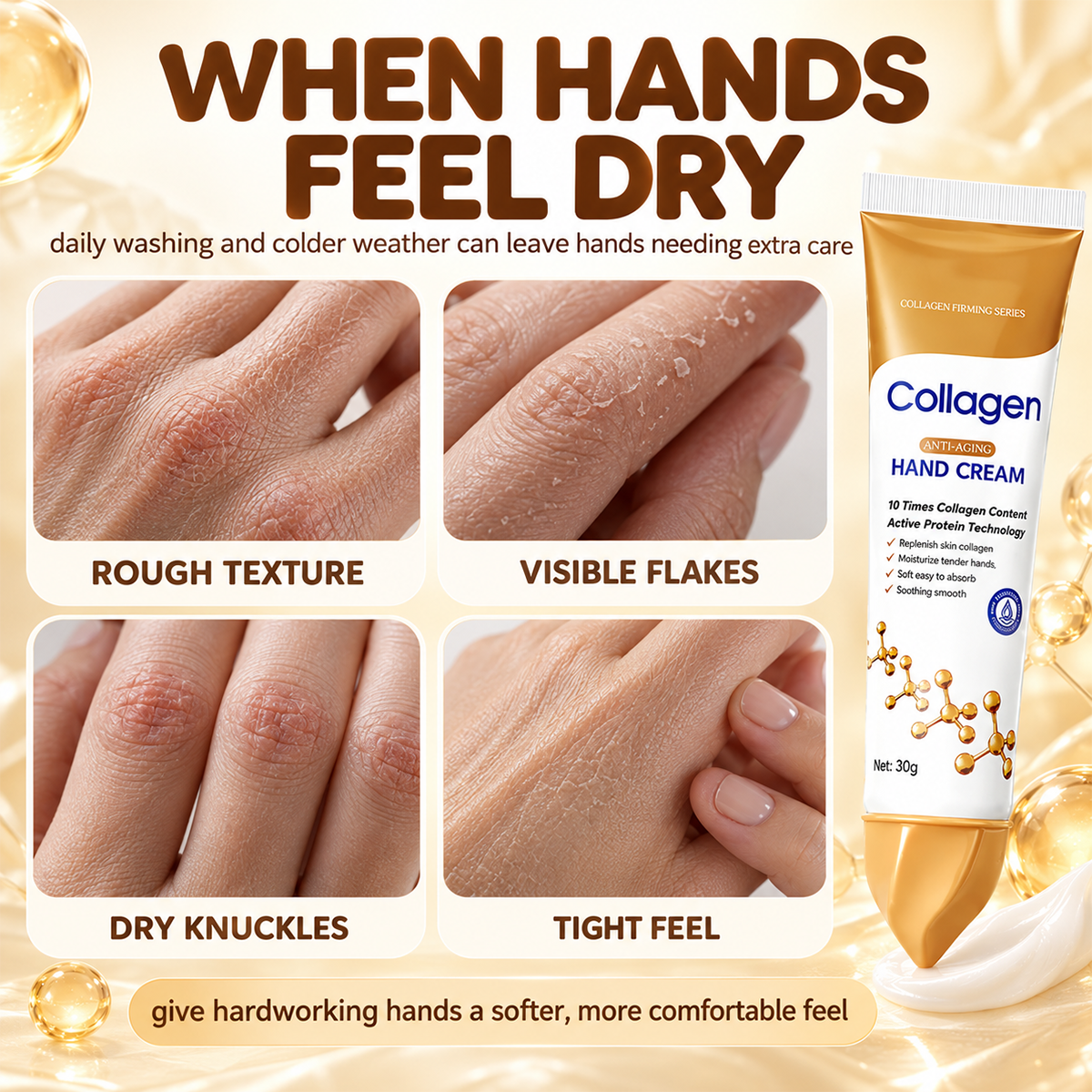 Close-up examples of rough-feeling hands, visible dryness and dry knuckles