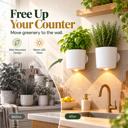 🌿 Wall-Mounted Magnetic Planter with Warm LED Light – Space-Saving Indoor Herb Pot & Modern Home Decor