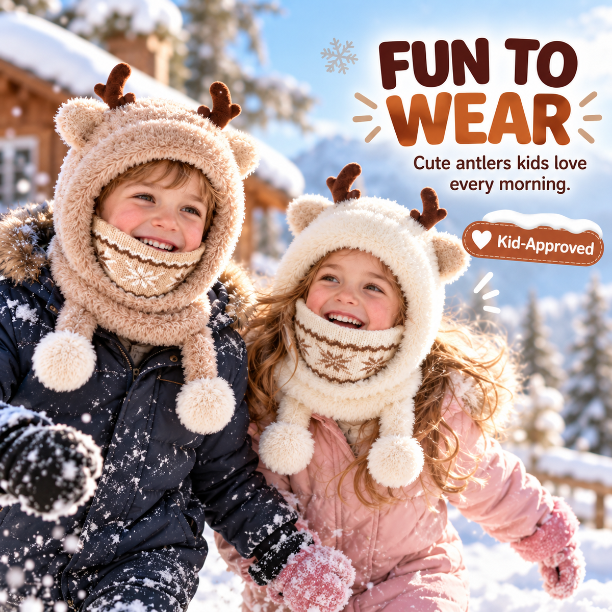 Cute Antler Kids Thermal Hooded Scarf & Face Mask Set 🦌