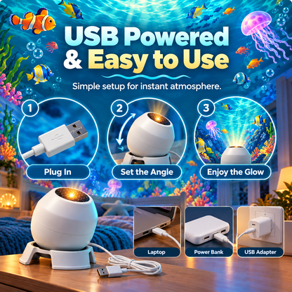 🌊 Ocean Glow Underwater Projection Light – 360° Adjustable USB-Powered Bedroom Mood Projector