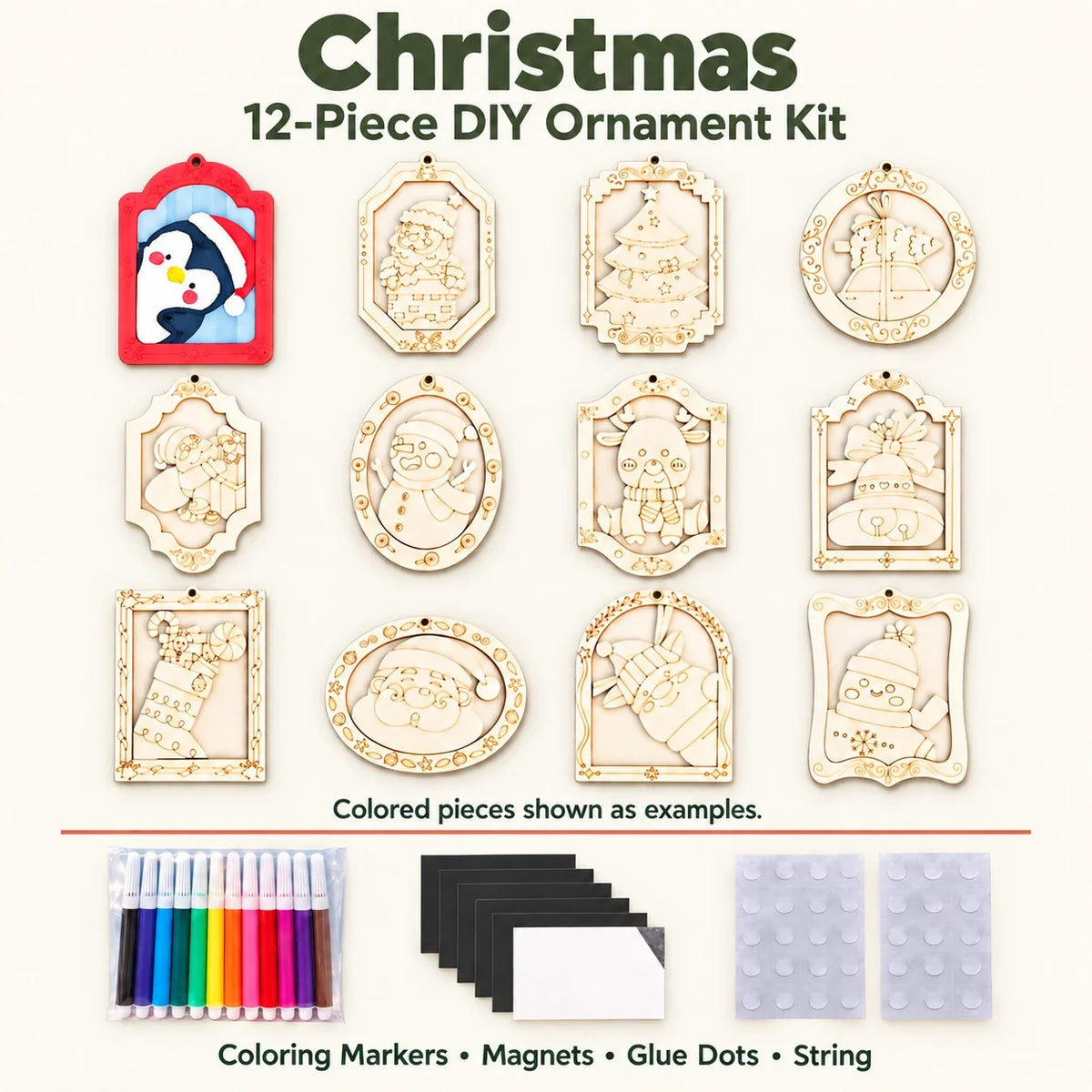 🎨 Color Your Own Holiday Ornament Kit — 12 Markers Included