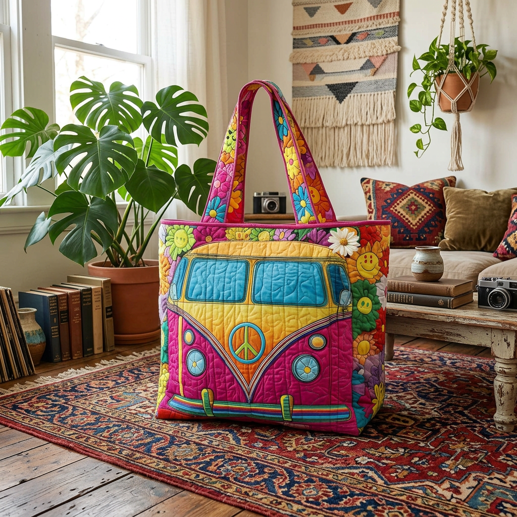 Retro Hippie Van Quilted Tote – Boho Style Meets Everyday Function 🌈🌸