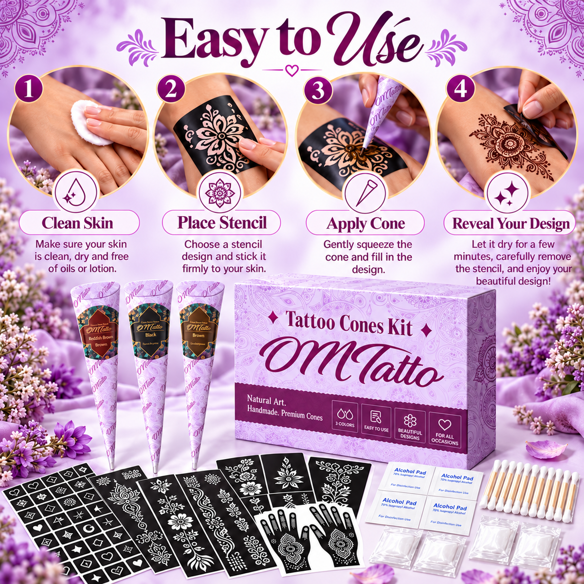 Henna Tattoo Kit with Stencils – Temporary Body Art Cones for Hands & Creative Designs