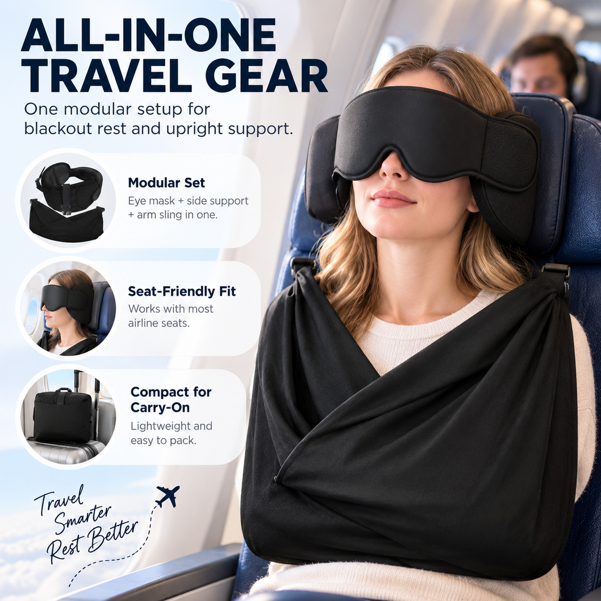 All-in-One Travel Neck Pillow, 3D Sleep Mask & Chin Support Set ✈️