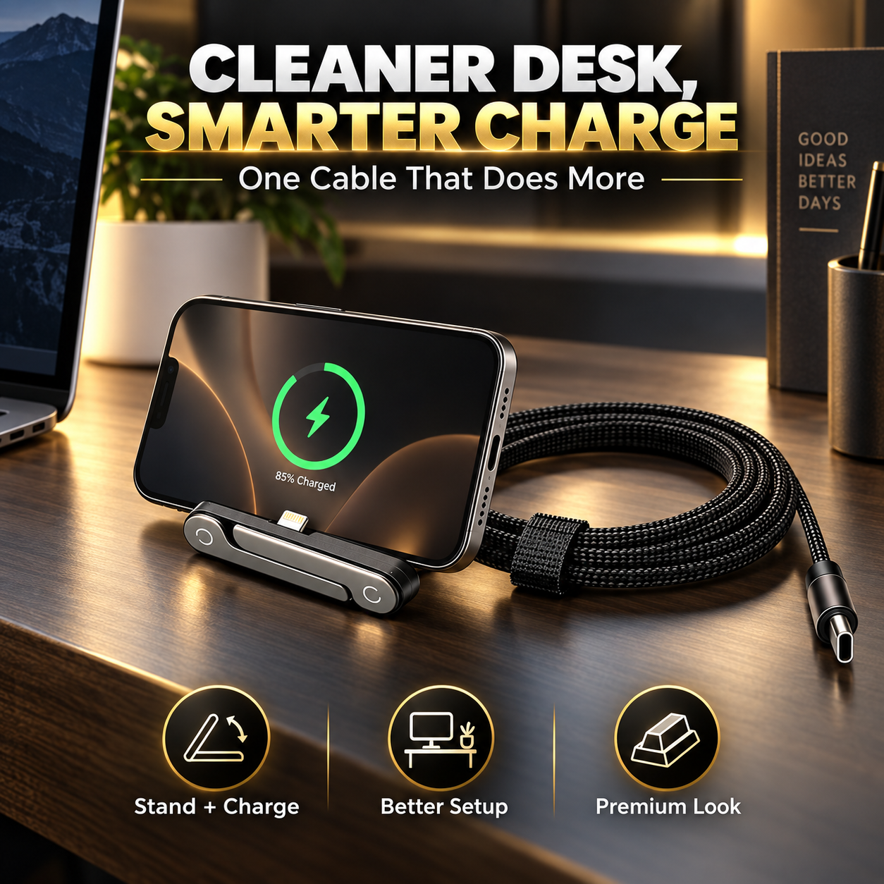 3-in-1 240W Fast Charging Cable – Charge, Sync & Stand Anywhere
