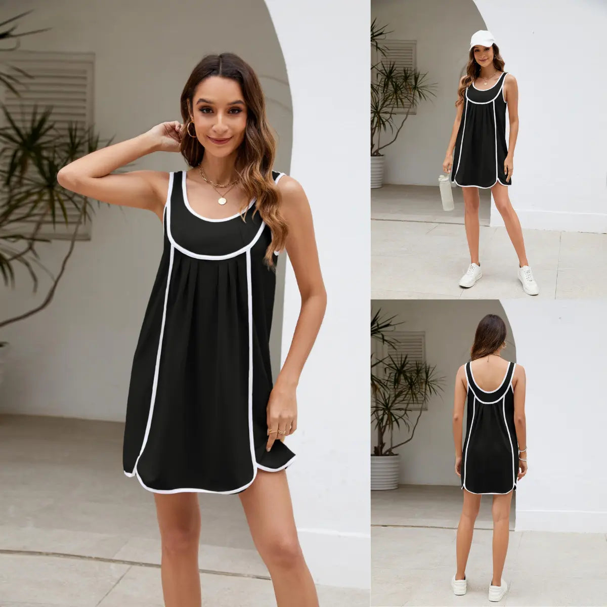 Women's Contrast Trim Sleeveless Swing Dress, Casual Loose Fit Crew Neck Mini Dress, Summer A-Line Tunic Dress for Beach & Daily Wear, Sizes XS-XXXL