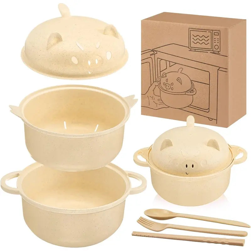 43oz (1300ml) Ergonomic Wheat Straw Microwavable Pig Ramen Cooker Bowl