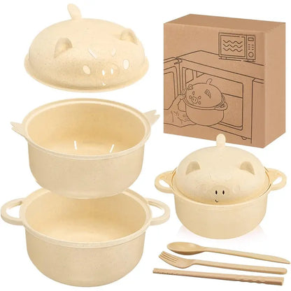 43oz (1300ml) Ergonomic Wheat Straw Microwavable Pig Ramen Cooker Bowl