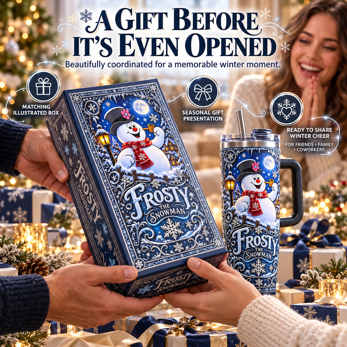 ☃️Winter Snowman Travel Tumbler with Handle & Straw – Matching Gift Box🥤
