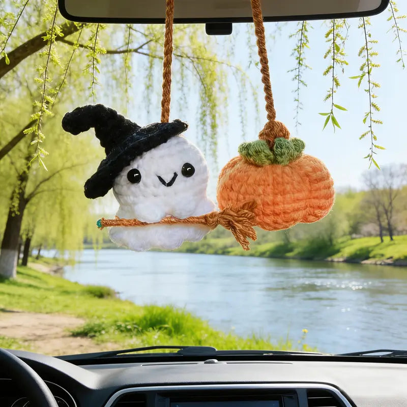 Handmade Crochet Ghost & Pumpkin Rear View Mirror Hanging Car Charm