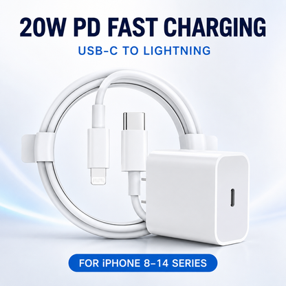20W PD USB-C Fast Charger & 4.92 FT Cable for iPhone