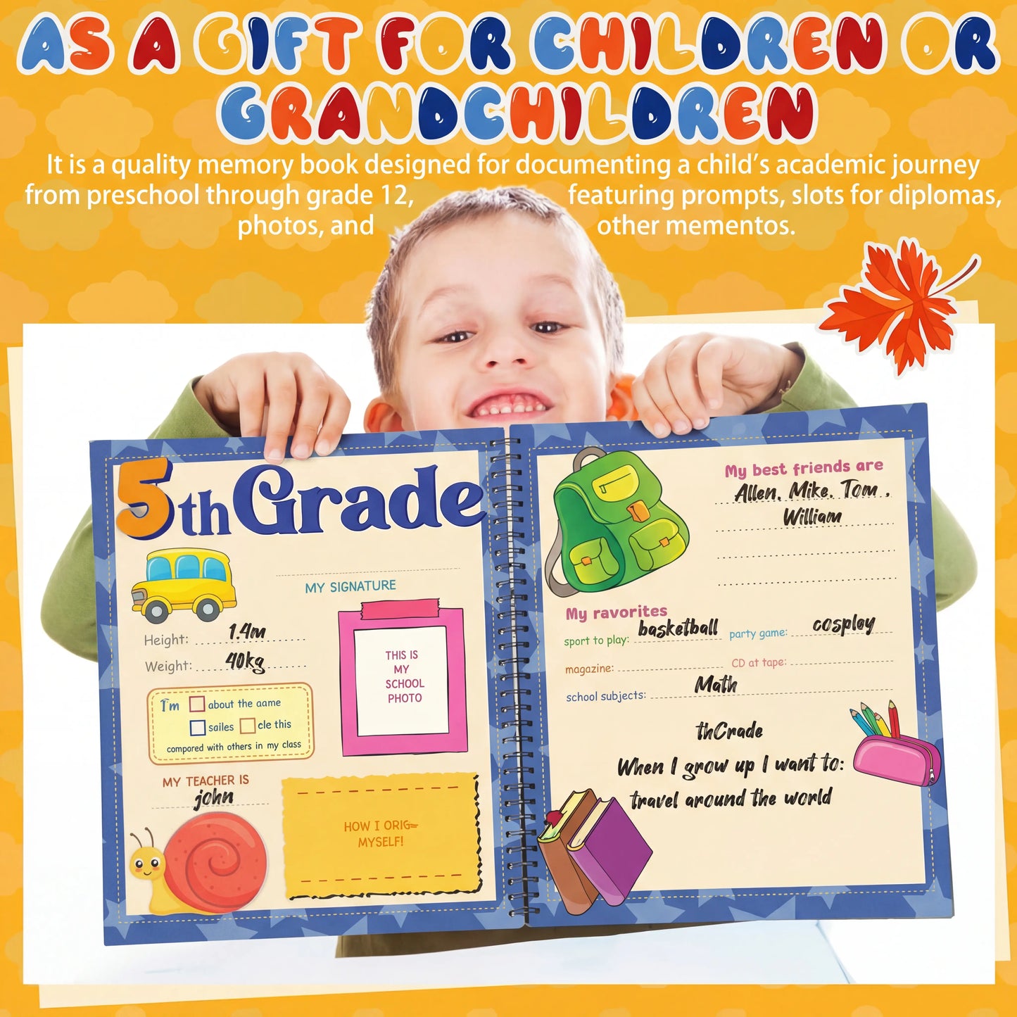 School Memory Book for Kids Preschools to 12th Grade