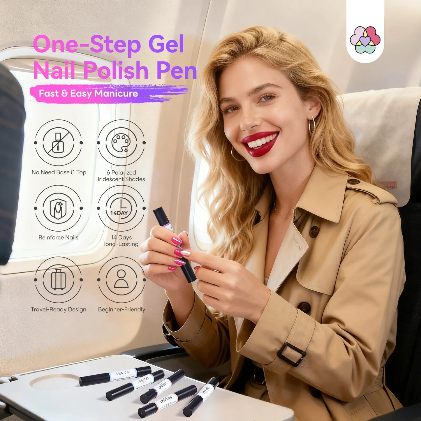 5-in-1 Gel Nail Polish Pen, Aurora Effect Gel Nail Pen with Base Color Top Coat in One, Easy Apply UV/LED Curing Nail Polish Pen