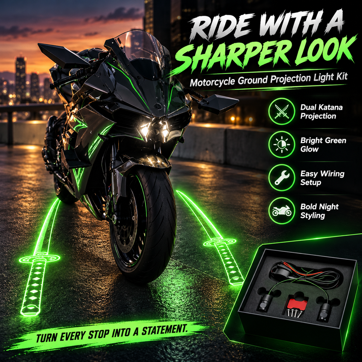 ⚔️🏍️ ShadowKatana – Dual Green Motorcycle Ground Projection Lights