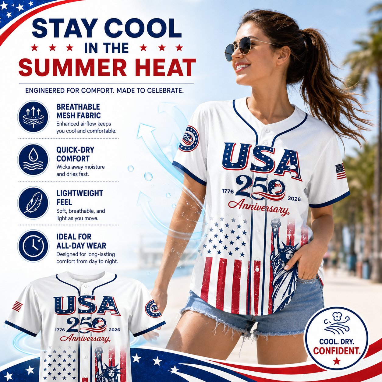 USA 250th Anniversary Baseball Jersey, Patriotic Statue of Liberty Print Shirt, Unisex Independence Day 4th of July Outfit, 1776–2026 Semiquincentennial Patriotic Jersey