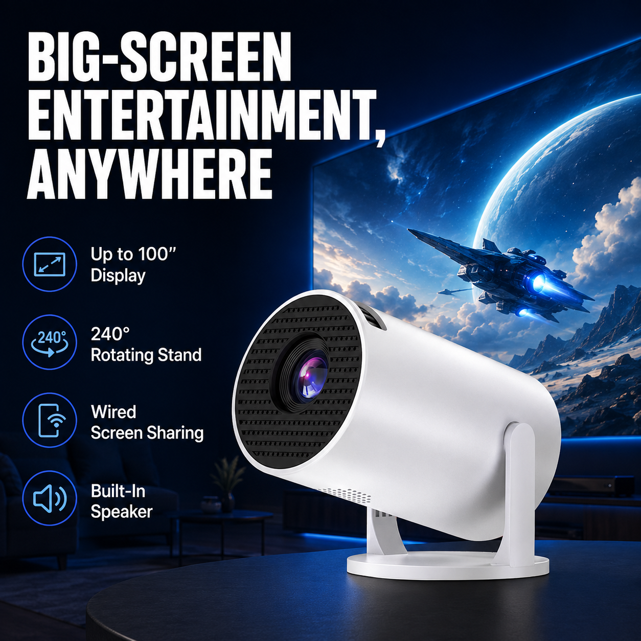 HY200 Smart Mini Projector – Native 1080P HD, 4K Supported, Portable Home Theater with WiFi & Bluetooth