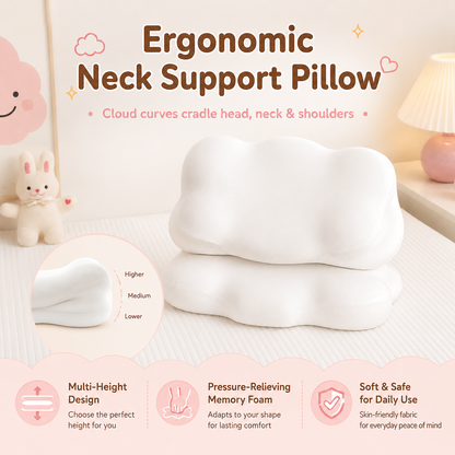 Cloud Shaped Memory Foam Pillow for Kids & Elderly, Ergonomic Cervical Pillow with Multi-Height Options, Soft Safe Pillow for Neck Pain Relief