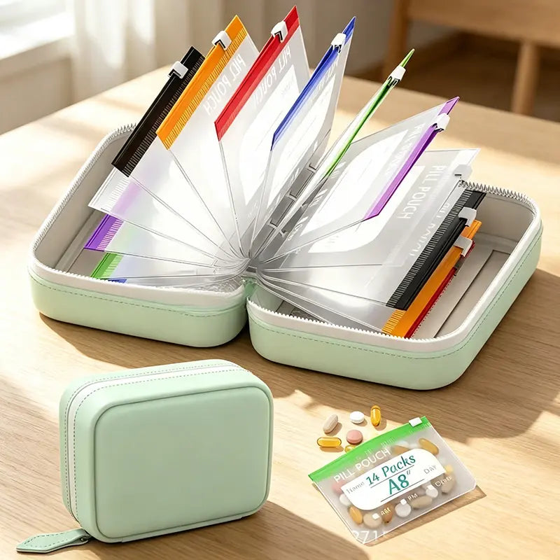 🔥49% OFF Waterproof A8 Pill Pouch Set, 14 Reusable Zippered Pill Bags, 7–14 Day Medication Organizer with Color-Coded Labels for Vitamins & Fish Oils
