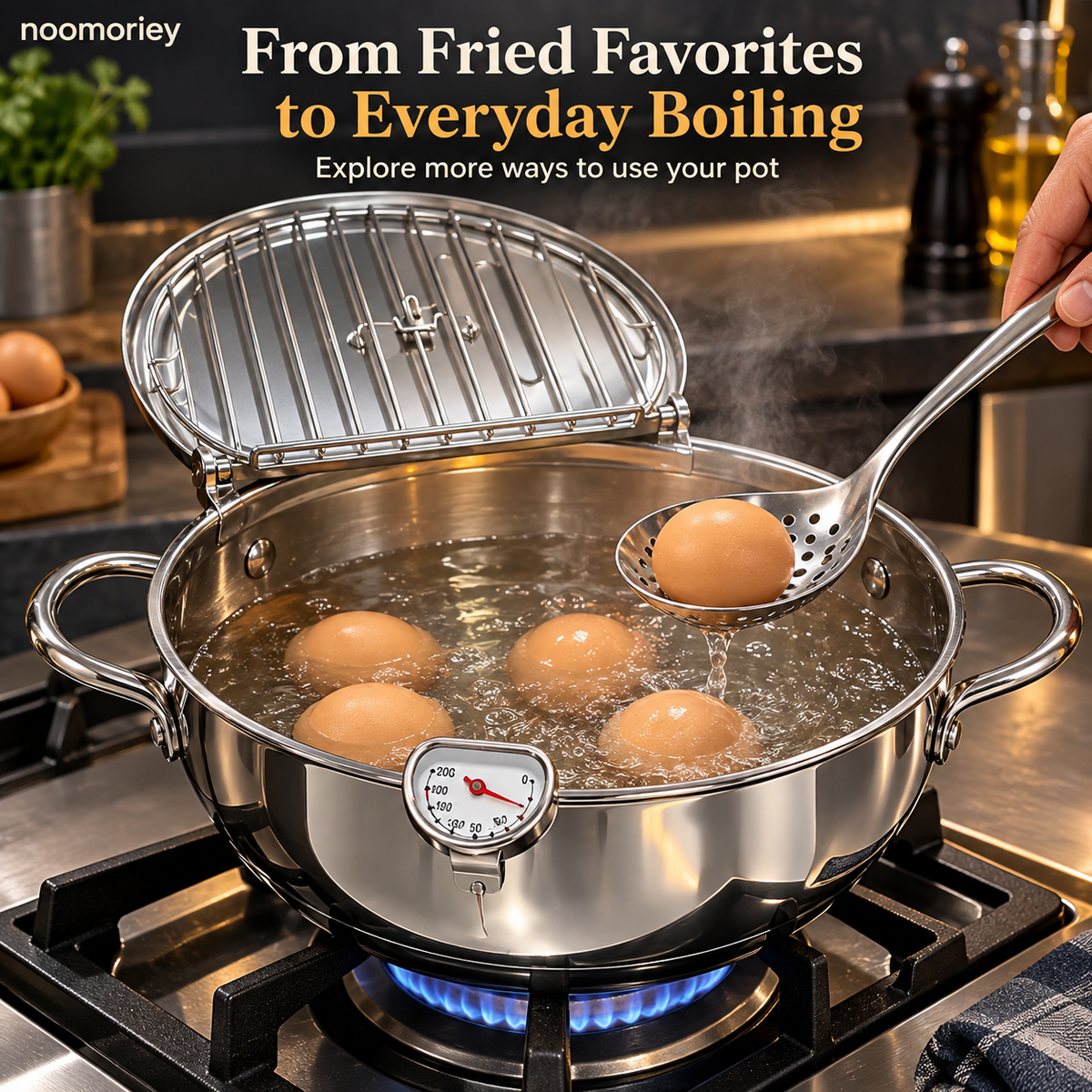 🍤 Deep Frying Pot with Thermometer & Lid Draining Rack – Dual-Handle Frying, Stir-Frying & Boiling Pot