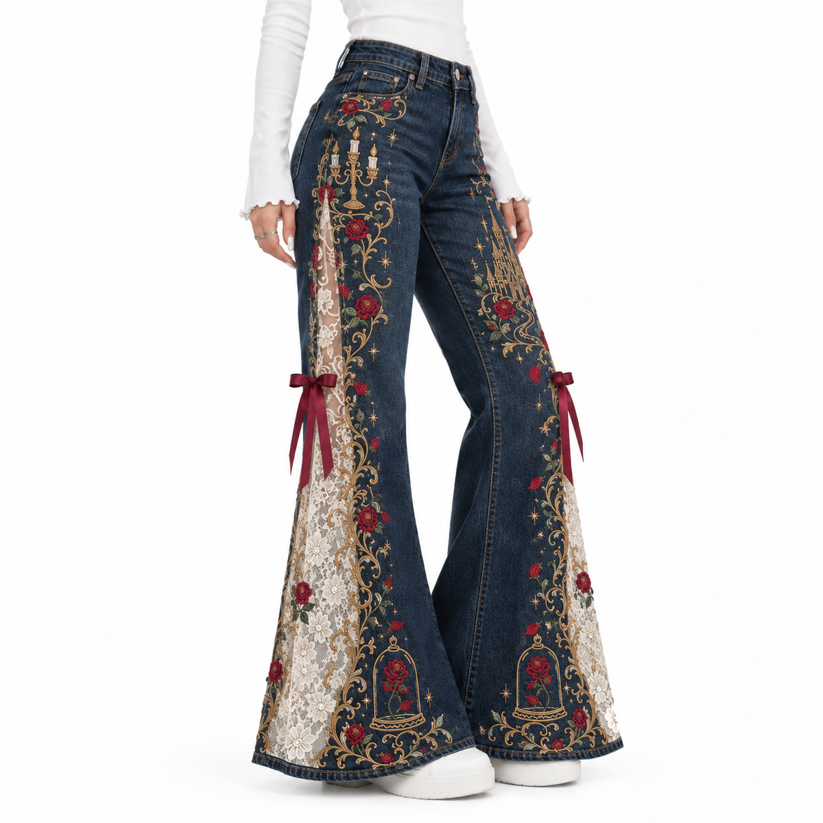 ✨PrincessLace Fairytale Flare Jeans with Lace Panels & Ribbon Bows 🎀