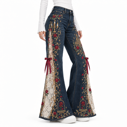 ✨PrincessLace Fairytale Flare Jeans with Lace Panels & Ribbon Bows 🎀