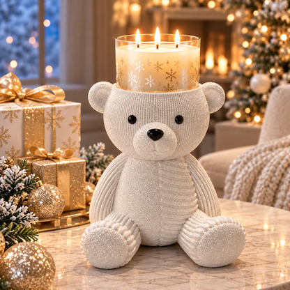 🐻White Glitter Teddy Bear 3-Wick Candle Holder – Cozy Christmas Tabletop Décor🎄