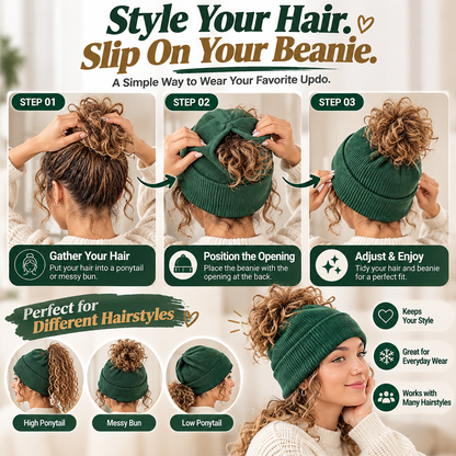🧶 Messy Bun Beanie – Stretchy Ribbed Knit Hat with Hidden Ponytail Opening for Curly Hair & Winter Style ✨