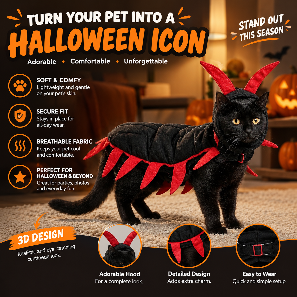 Polyester Centipede Cat Costume Red Trim Padded Cat Costume Quilted Devil Cape Cloak Black