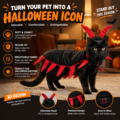 Polyester Centipede Cat Costume Red Trim Padded Cat Costume Quilted Devil Cape Cloak Black