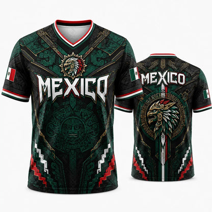 2026 New Mexico Eagle Warrior V-Neck Sports Jersey, Aztec Calendar Graphic Short Sleeve Shirt for Men, Green Black Soccer Fan Tee,summerwins