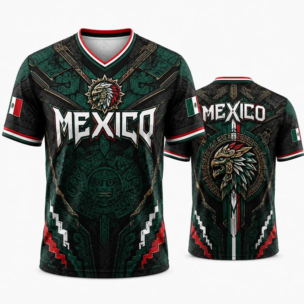 2026 Mexico Eagle Warrior Soccer Jersey⚽ – Aztec Calendar Graphic V-Neck Fan Shirt for Men