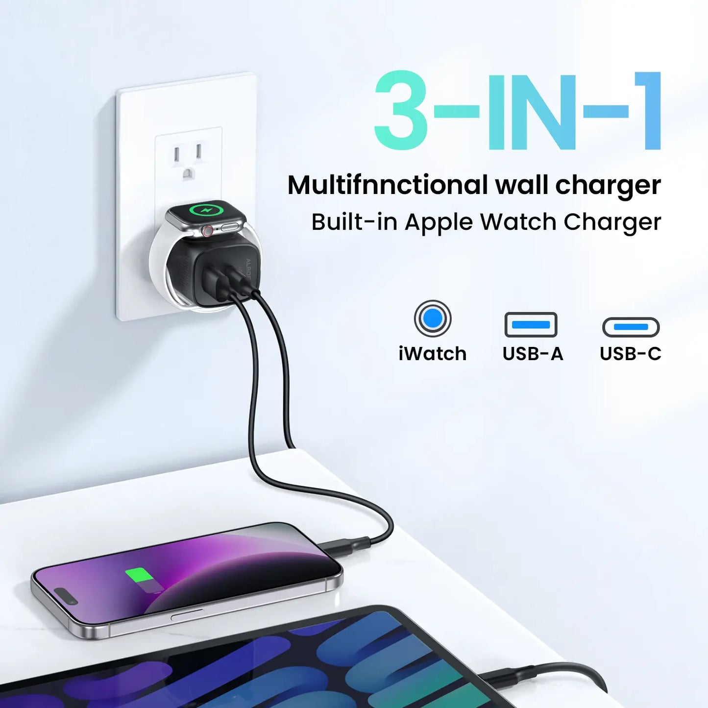 3-in-1 Magnetic Wireless Cordless PD USB-C Wall Charger Block - 20W Fast Charging, Compatible with iWatch Ultra/9/8/7/6, iPhone 17/17 Pro/16/16 Pro/15 Series, Electronic Cellphone, Apple Watch Seires