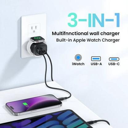 3-in-1 Magnetic Wireless Cordless PD USB-C Wall Charger Block - 20W Fast Charging, Compatible with iWatch Ultra/9/8/7/6, iPhone 17/17 Pro/16/16 Pro/15 Series, Electronic Cellphone, Apple Watch Seires