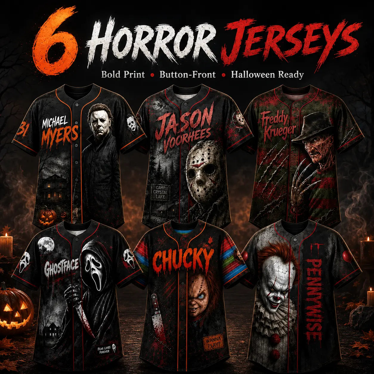 Horror Slasher Baseball Jersey, Classic Horror Movie Characters Shirt, Spooky Squad Halloween Uniform, Halloween party costumes, Halloween Gifts