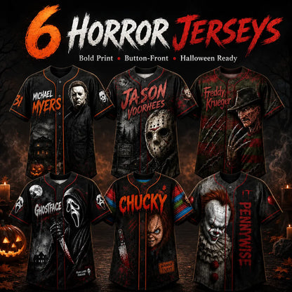 Horror Slasher Baseball Jersey, Classic Horror Movie Characters Shirt, Spooky Squad Halloween Uniform, Halloween party costumes, Halloween Gifts