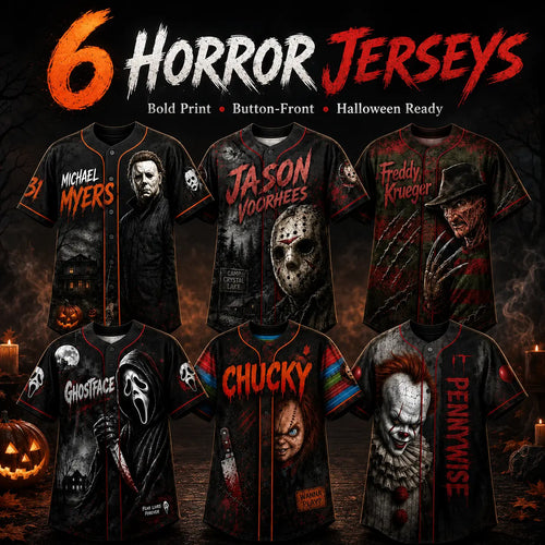 Horror Slasher Baseball Jersey, Classic Horror Movie Characters Shirt, Spooky Squad Halloween Uniform, Halloween party costumes, Halloween Gifts