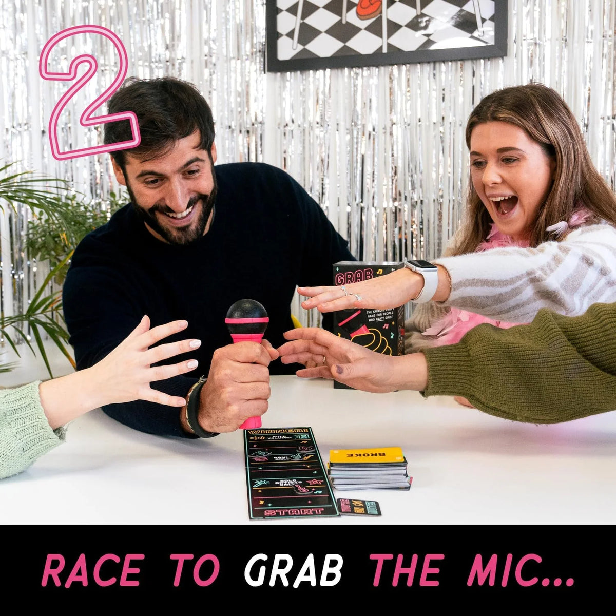🎤 Grab The Mic! Karaoke Party Game Perfect for Non-Singers | Foam Mic, 125 Word Cards, Game Board & Tokens Included