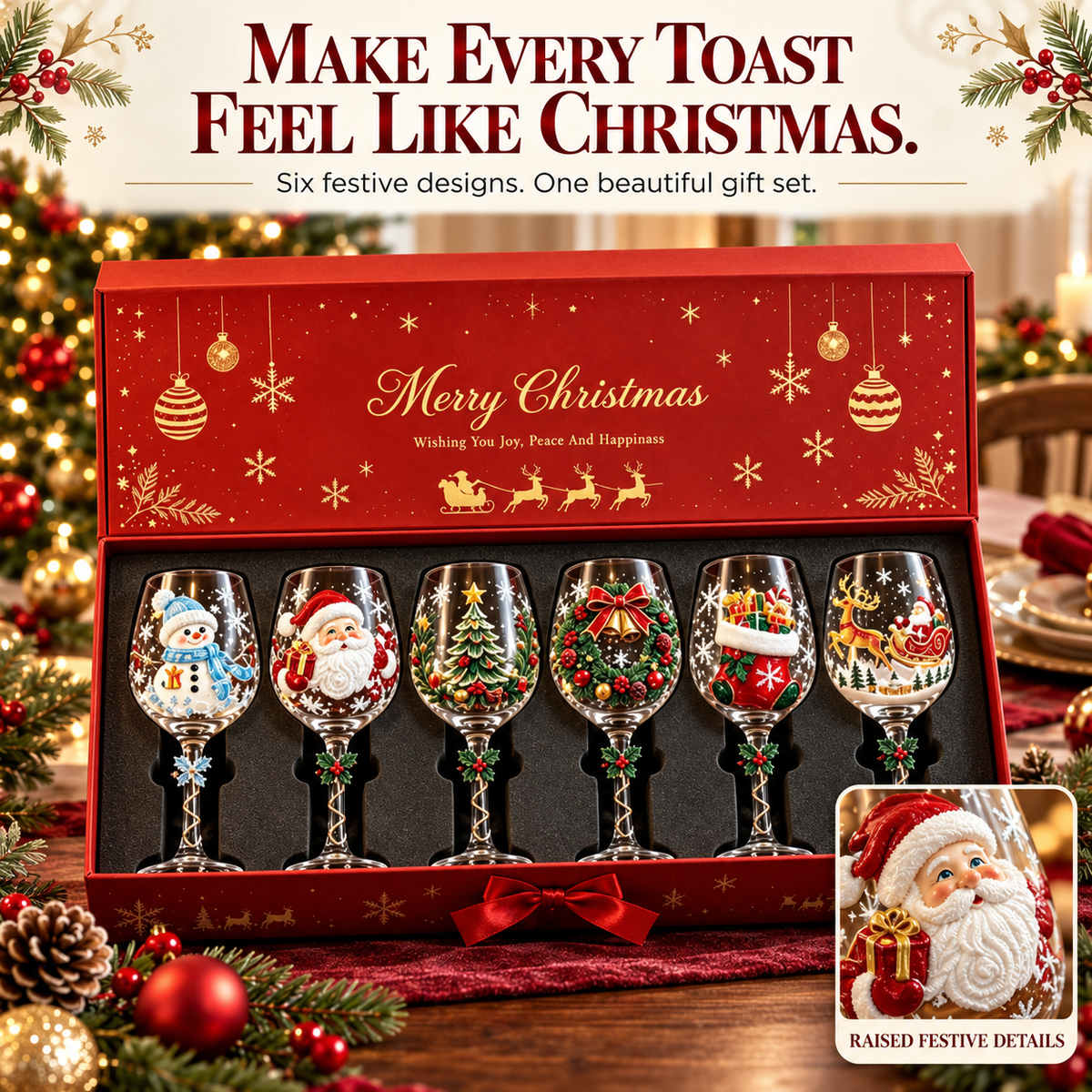 🎄✨ Christmas Clearance Sale! 🎅🥂 Christmas Wine Glass Gift Set of 6 – Beautiful Raised Designs for Holiday Toasts & Gifting
